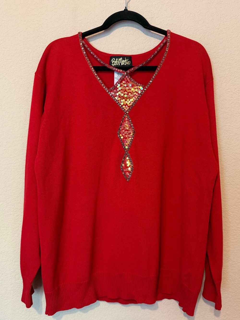 Vtg Bob Mackie Wearable Art Sweater Size XL Cotton blend sequins sparkle red